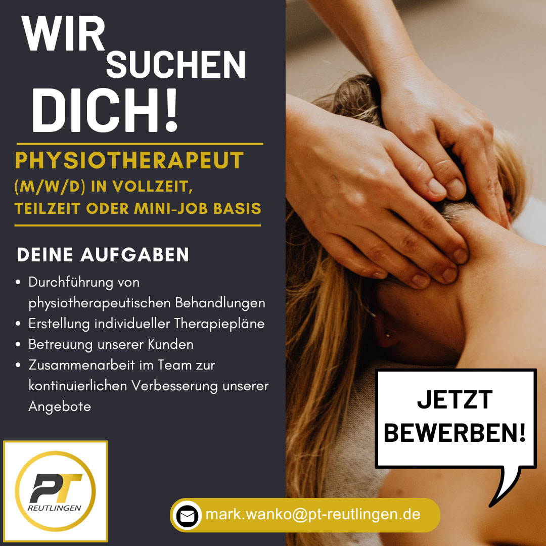 Person erhält eine Nackenmassage; entspannter Ausdruck, gelbe und schwarze Farbtöne, Werbung für Physiotherapie.